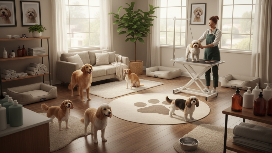 Personalized grooming services for pets in a kennel-free environment.