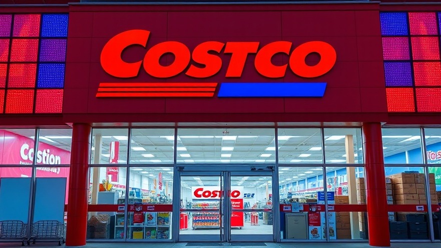 Vibrant Costco storefront showcasing Kirkland spices and red posts.