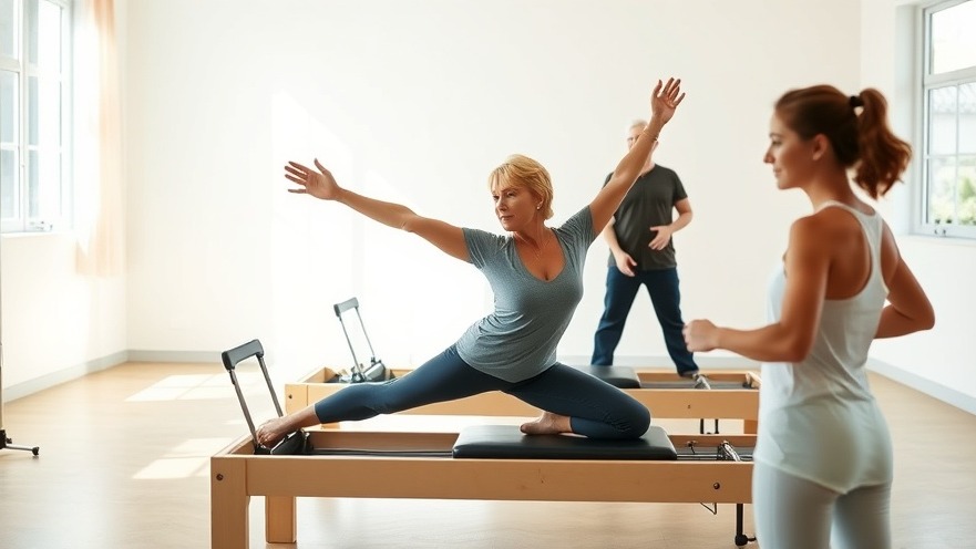 Bright Pilates studio with woman mid-stretch on reformer, showcasing calm focus.
