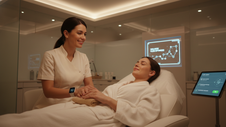 Professional spa therapist smiling and chatting with a client in a serene, automated treatment room.