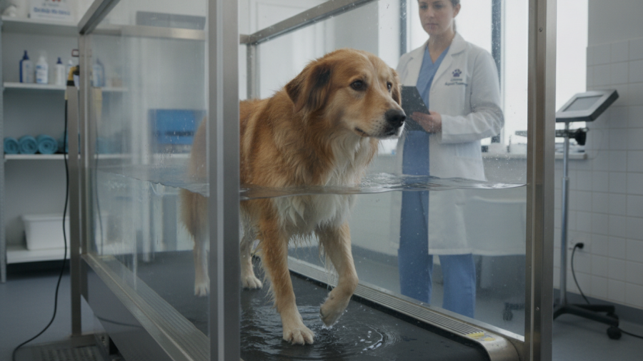 Mixed-breed dog in underwater treadmill therapy for canine rehabilitation.