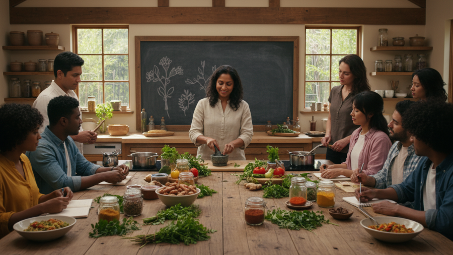 Ayurvedic practitioner in Sacramento teaching herbal cooking for wellness.