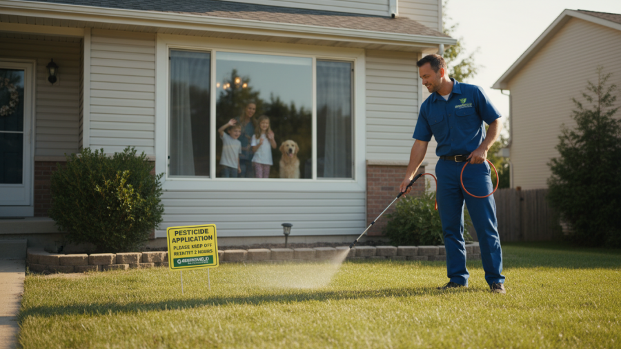 Pest control safety for kids and pets, technician treating home safely.