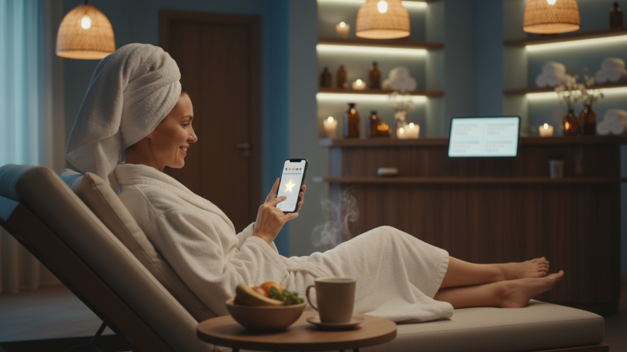 Spa client smiles while leaving a 5-star review, showcasing positive testimonials.