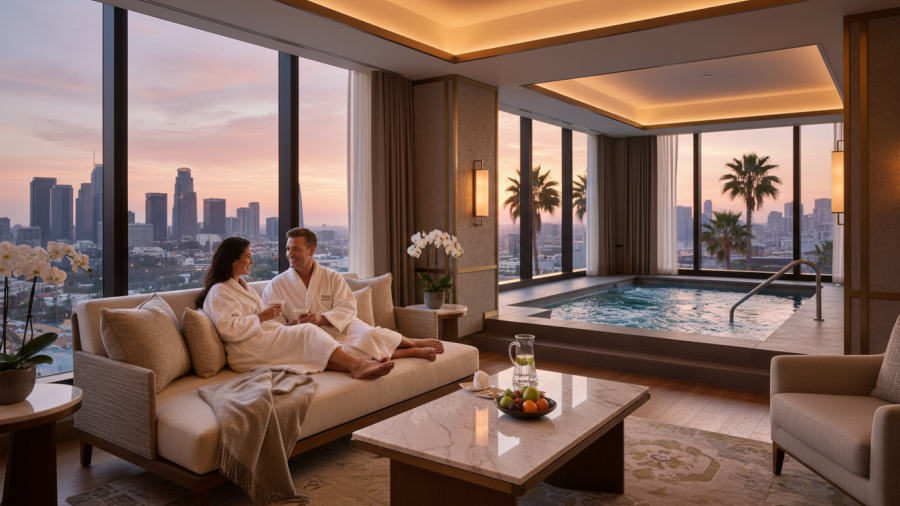 Couple relaxing in luxury hotel spa lounge in Los Angeles