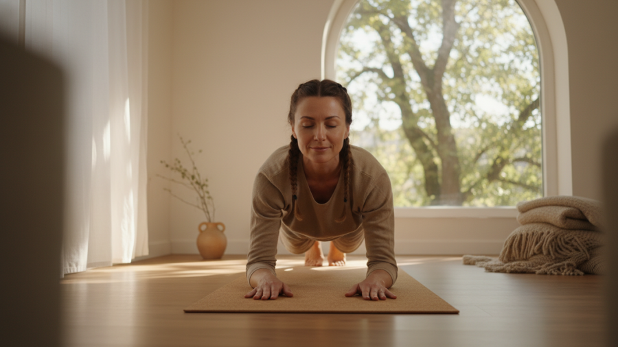 Serene yoga pose promoting muscular endurance and balance in a peaceful setting.