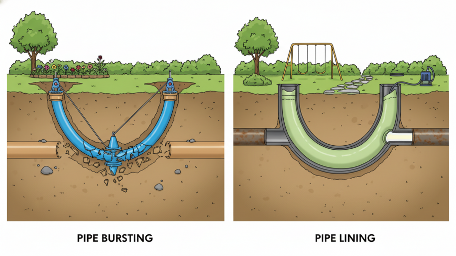 Comparison of pipe bursting vs pipe lining methods for trenchless sewer line replacement.