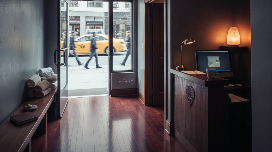 Calm spa interior contrasts with busy urban exterior, inviting relaxation.