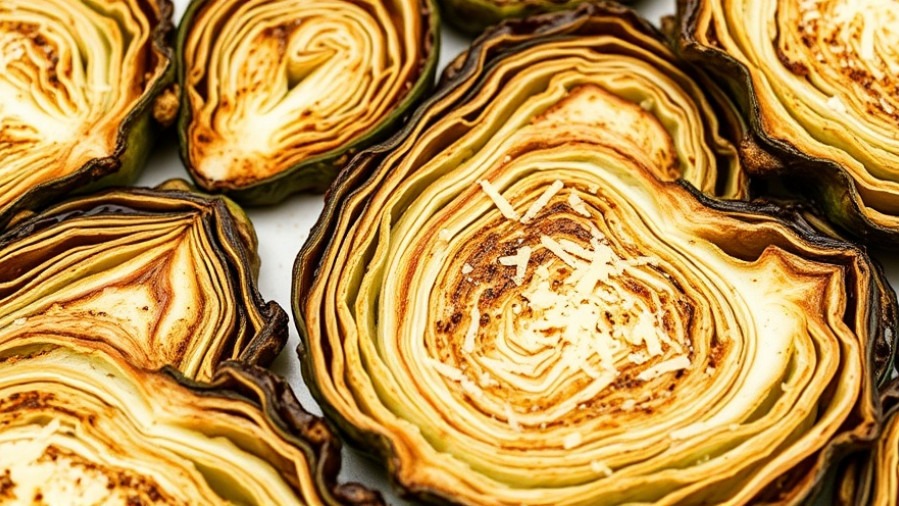 Close-up of roasted cabbage slices with melted Parmesan, showcasing healthy eating with local ingredients.