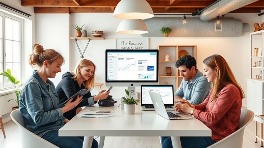 Small business owners collaborating on social media automation tools and analytics.