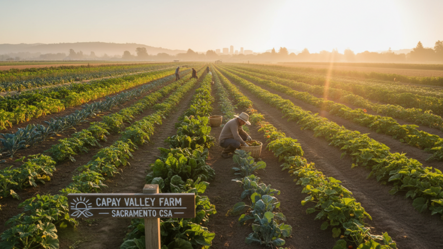 Sunrise over a Sacramento farm highlighting seasonal ingredients for protein-rich recipes.