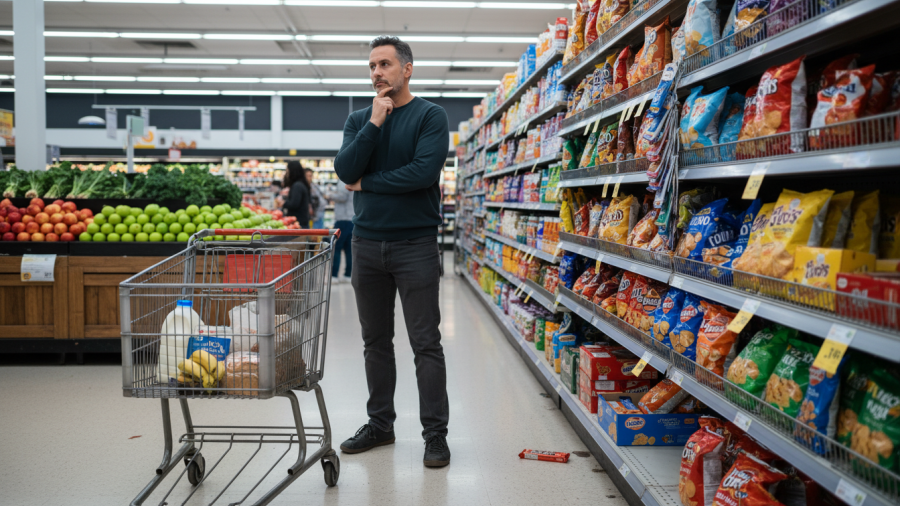 A shopper deliberates between processed snacks and fresh produce, highlighting why healthy eating feels hard.