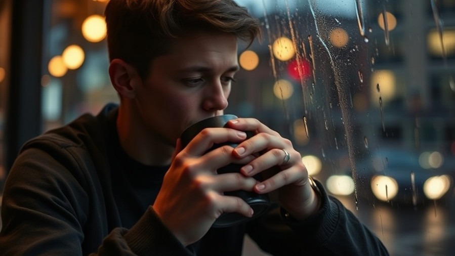 Young man reflecting by a café window, embracing self-care strategies to boost self-esteem.