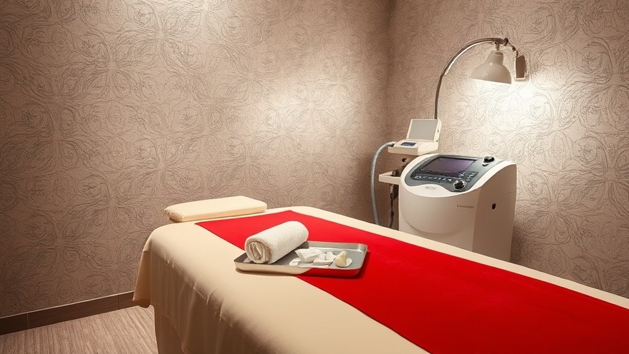 Serene spa treatment room with massage bed, amenities, and high-tech facial machine.