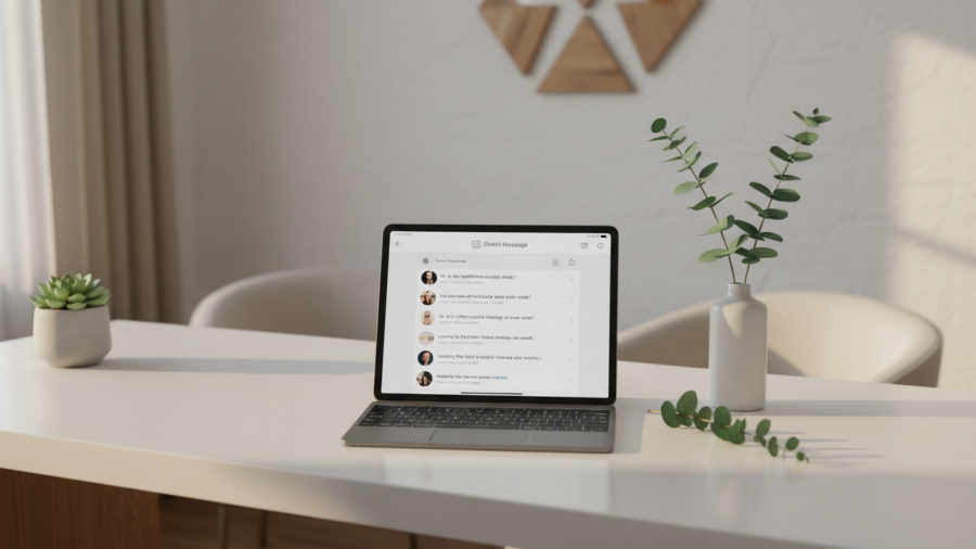 Modern spa workspace with iPad inbox and eucalyptus, blending tech and nature.