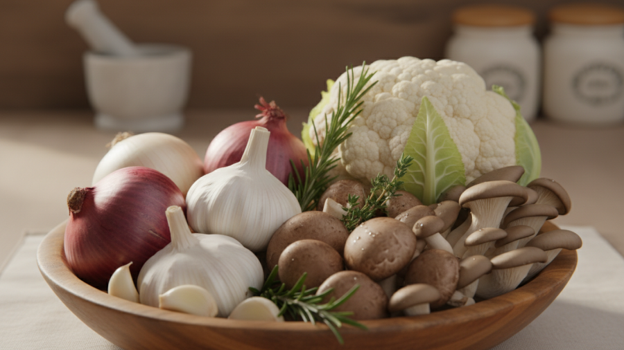 Colorful fruits and vegetables like garlic and onions support heart health with phytonutrients.