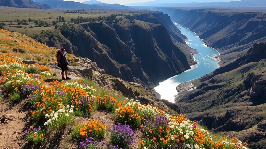 Dramatic overlook of the South Yuba River with wildflowers in bloom.