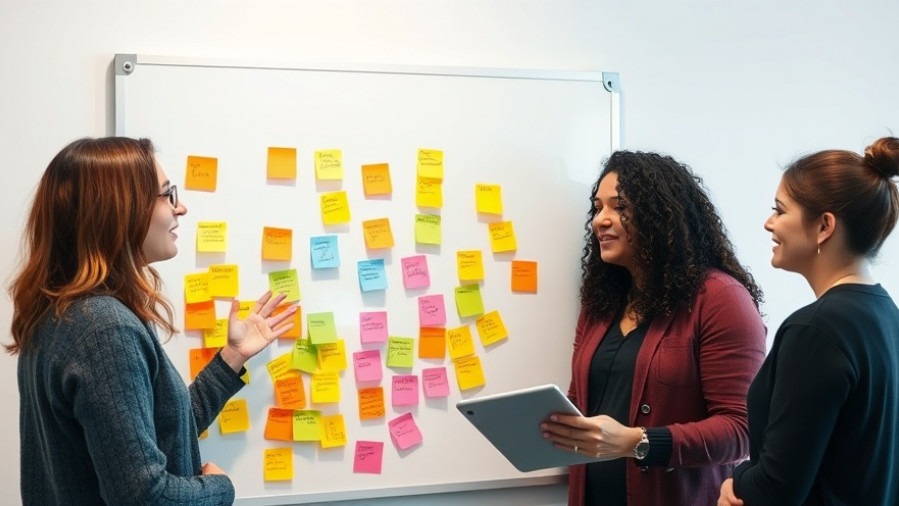 Teamwork in action: coworkers brainstorm ai content marketing strategies on a whiteboard.