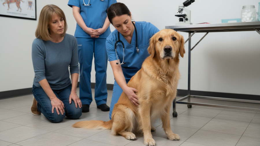 Veterinarian examining a dog's tail for limber tail causes and acute caudle myopathy.