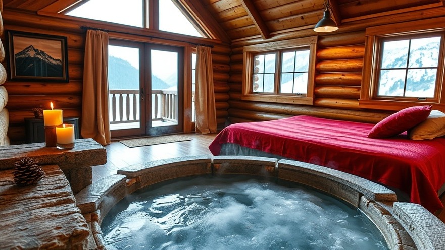 Cozy log cabin interior with rustic walls, hot spring tub, and mountain views.