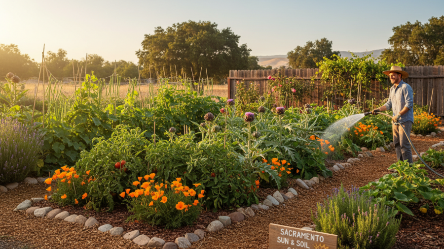 Sustainable gardening practices in Sacramento, adapting to heat and seasons.