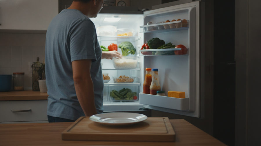 Adult considering easy nutritious meals in a stocked refrigerator with everyday ingredients.