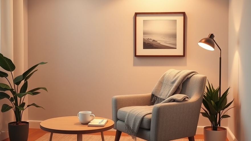 Cozy therapy office interior with soft armchair, soothing decor, and warm lighting.