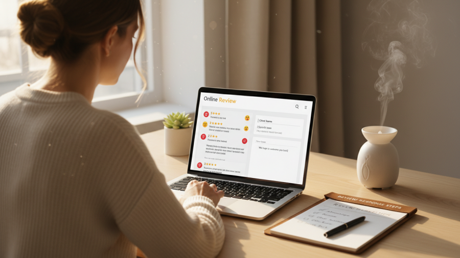 Spa manager at desk crafting review responses to enhance reputation.