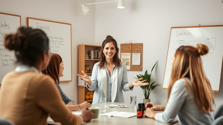 Empowered woman leading a team meeting on mental health in leadership at a spa.