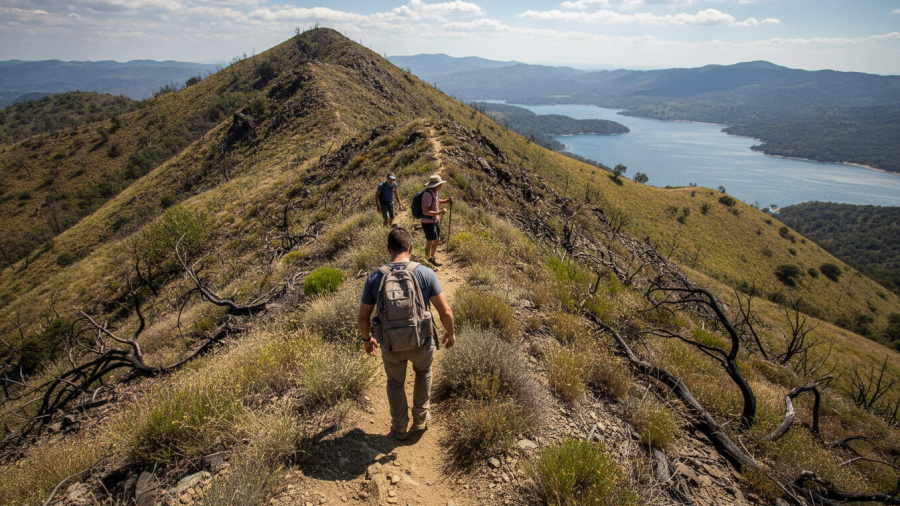 Hikers climbing the steep Blue Ridge Trail through the rugged hills of Stebbins Cold Canyon Reserve