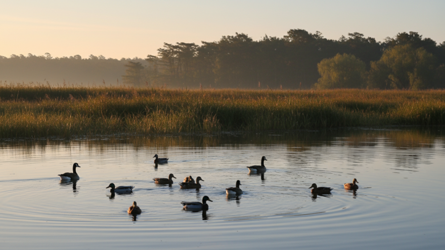 Serene Delta scene featuring swimming ducks, grasses, and wildlife; safe for boating and fishing.