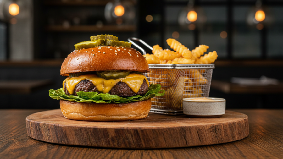 A Wagyu burger and fries portraying comfort food in Sacramento's dining scene.