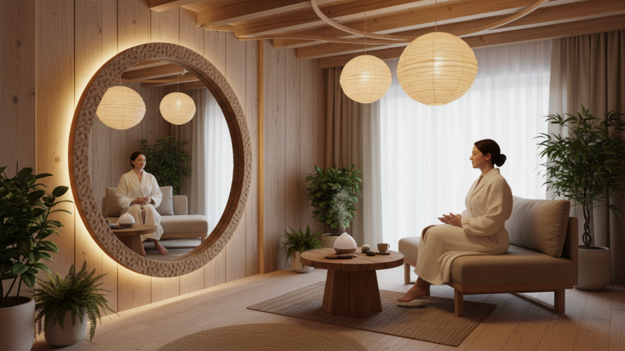 Carrie Strom in a serene wellness space promoting aesthetic innovation in the beauty industry.