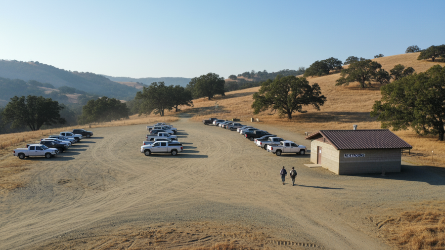 Parking area at Hidden Falls Regional Park showing unpaved ground and oak trees.