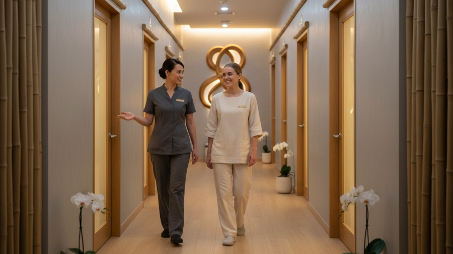 Well-organized spa hallway with glowing treatment rooms and smiling manager onboarding new hire.