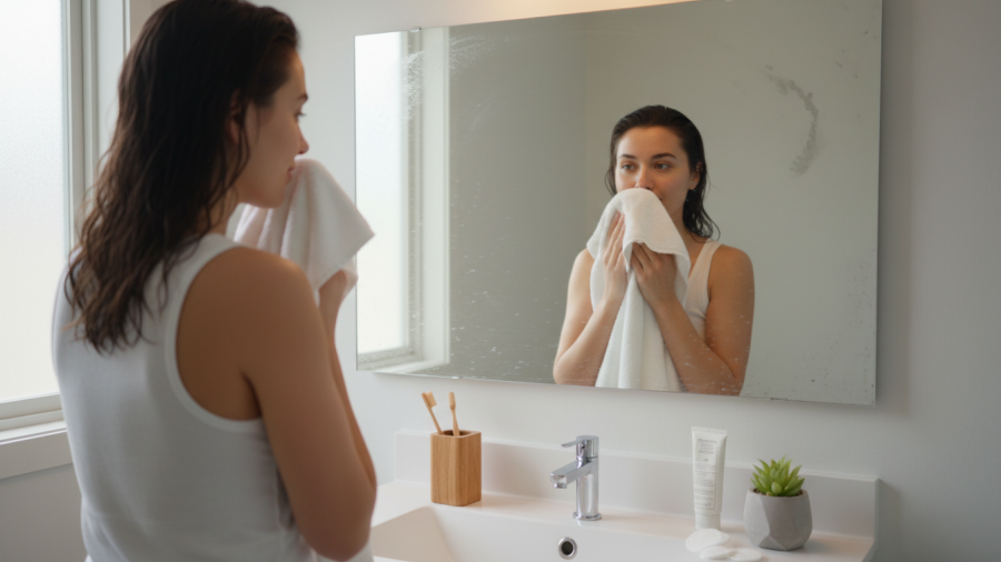 Person refreshed after cold showers, enhancing immune function and alertness.