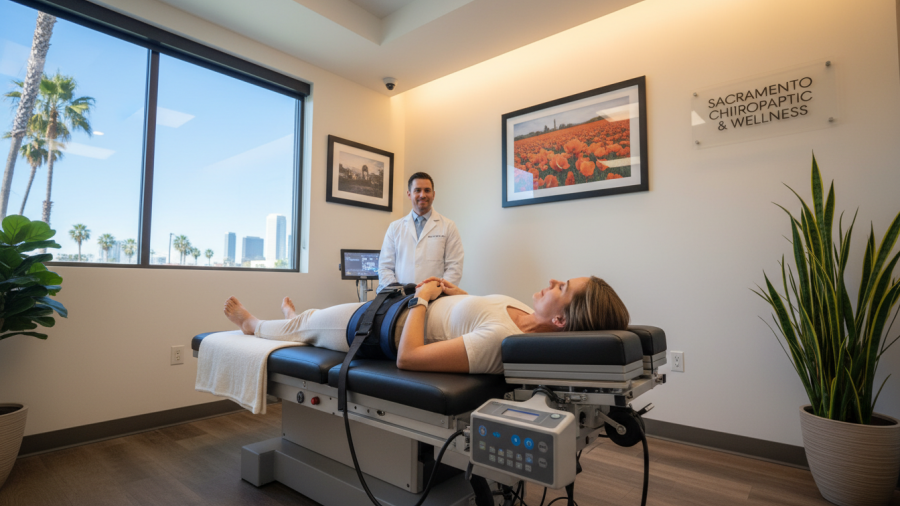 Patient enjoying spinal decompression therapy in Sacramento chiropractic clinic.