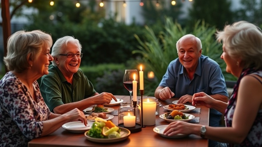 Middle-aged friends enjoying a longevity lifestyle dinner with healthy foods and conversation.