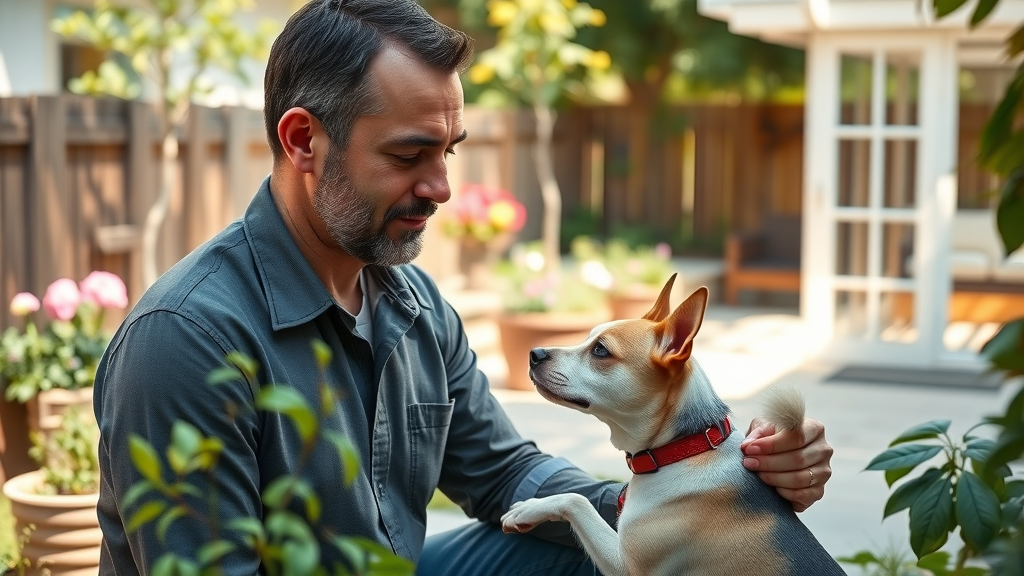 Humane dog training in Sacramento helps nervous rescue dog build trust in sunny garden.
