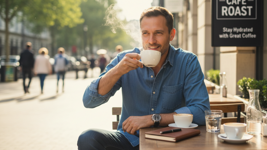 A man enjoying coffee, highlighting benefits of coffee for heart health.