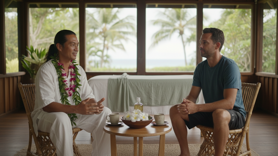 Male therapist and client discussing what to expect during Lomi Lomi massage.
