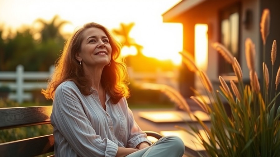 Spa owner enjoying golden hour, reflecting on wellbeing amidst nature.