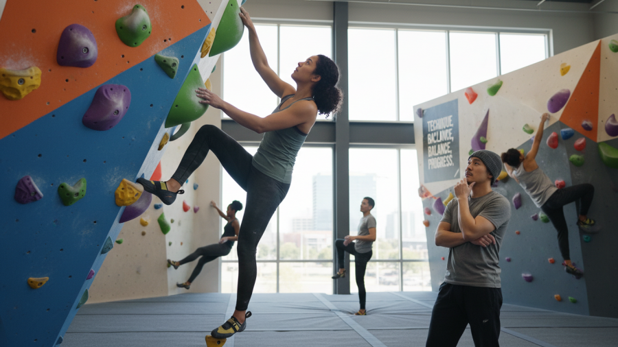 Climbers mastering bouldering technique in a Sacramento gym, emphasizing movement skills.
