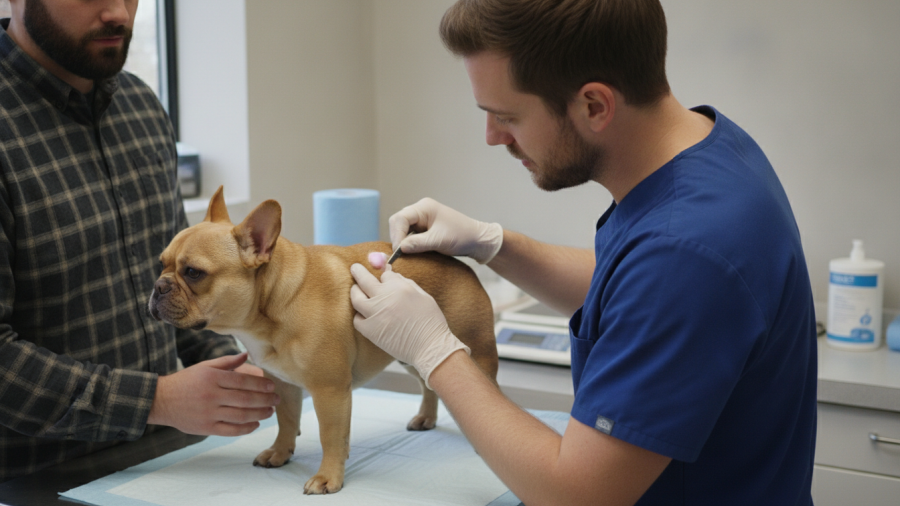 Veterinarian inspecting a small skin growth on a calm dog; signs of potential cyst or tumor.