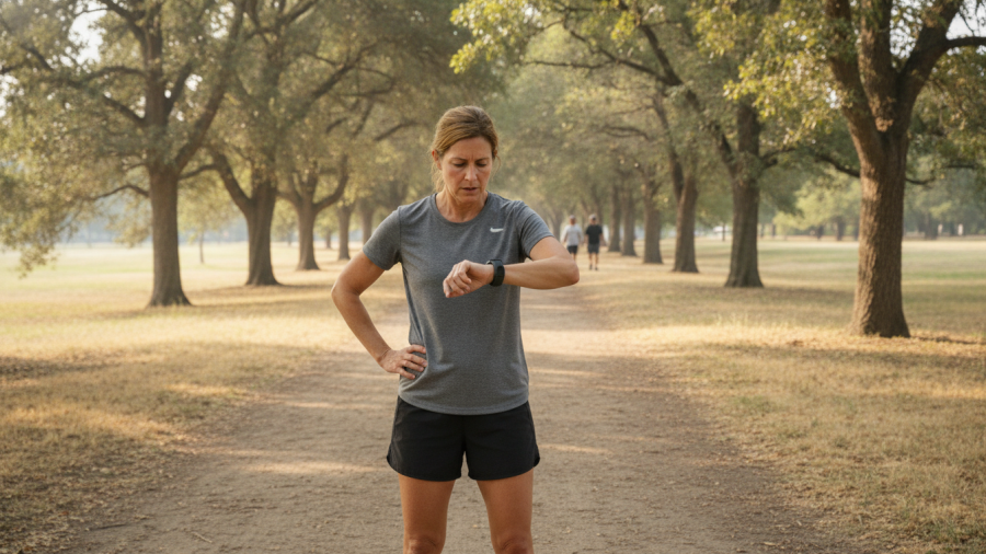 Woman checking fitness stats post-run, highlighting wellness fatigue and pressure for healthy lifestyle balance.