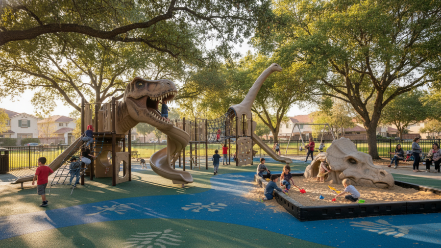 Exciting dinosaur playground at Oki Park Sacramento, perfect for family-friendly adventures.