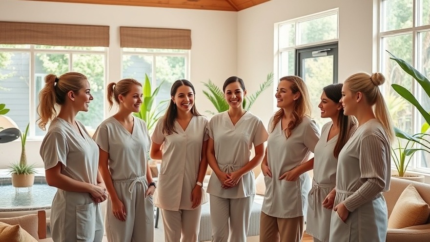 Spa staff engaged in friendly conversation in a bright, inviting lounge.