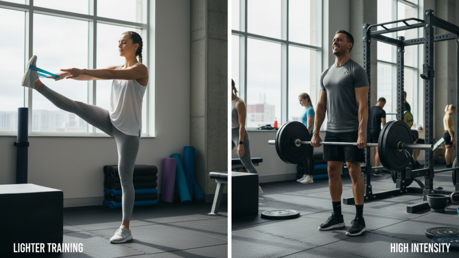 Athletes demonstrating high-intensity vs lighter training sessions in a gym.