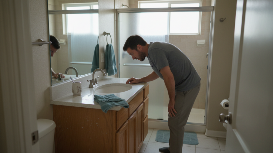 Homeowner facing low water pressure in a Sacramento bathroom during morning routine.