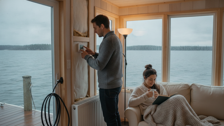 Couple inside a floating home adjusting thermostat, showcasing eco-friendly living.